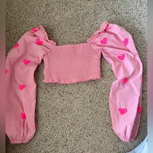 Pink Puff Sleeve Top with Heart Accents